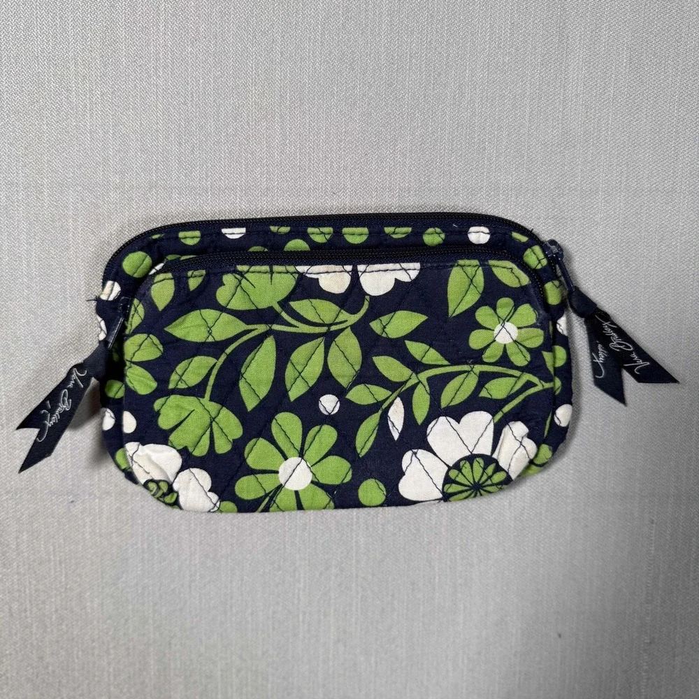 Vera Bradley Quilted Floral Cosmetic Case Navy Green White Double Zip Pouch
